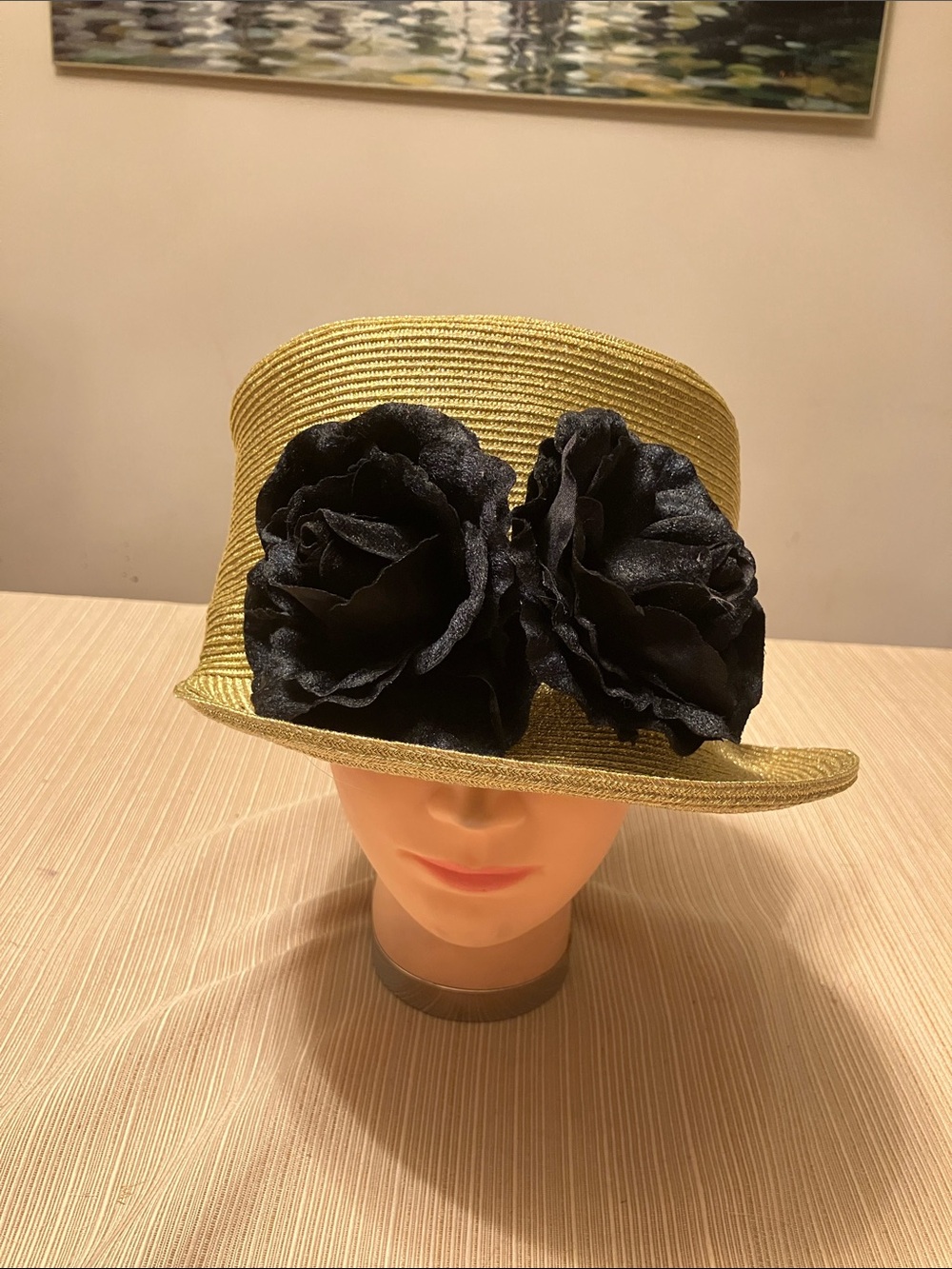 Chic Metallic Gold Straw Cloche Hat with Black Velvet Floral Accent